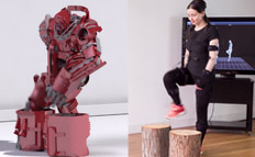 Woman recording motion capture animation with live and rendered results shown side by side